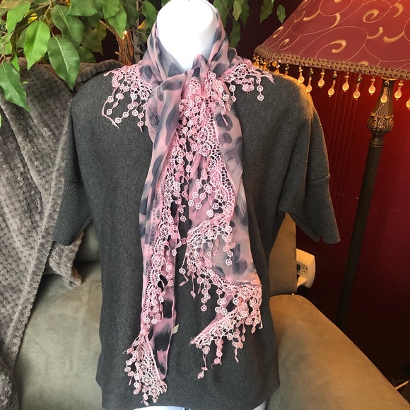 Accessories - Pink & Gray Animal Print Embroidered Lace Scarf